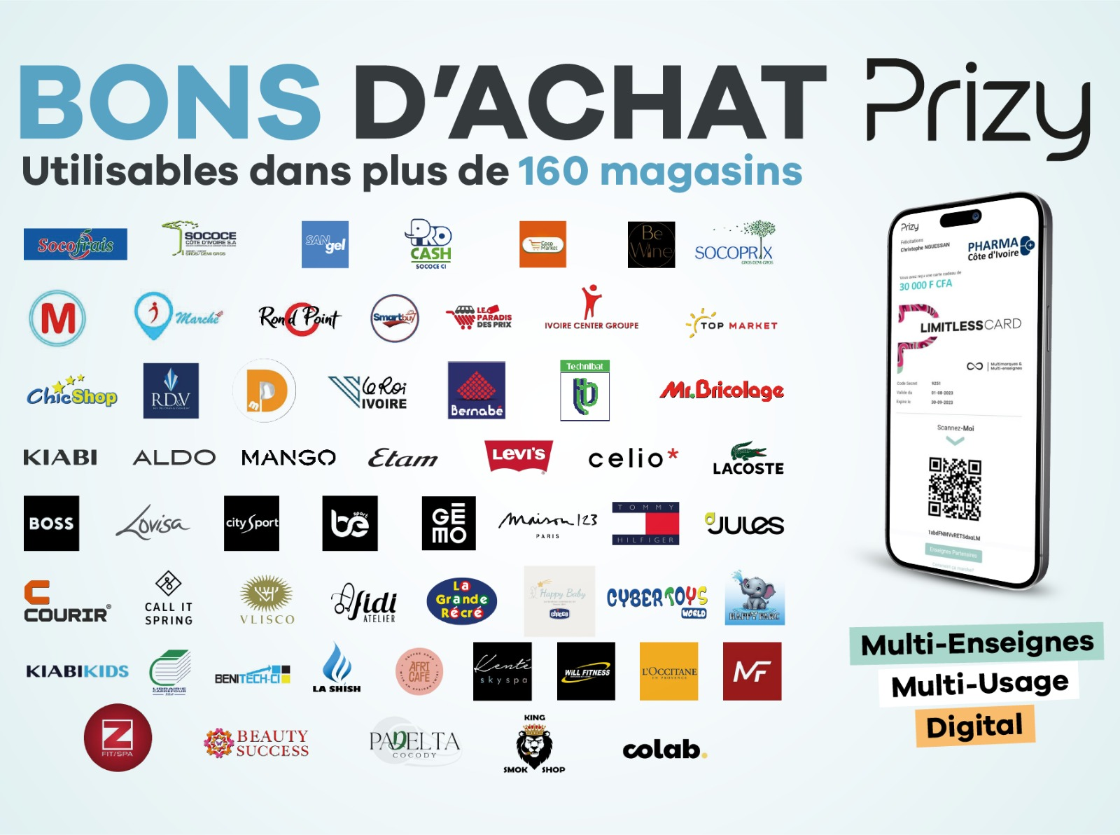 Bons d'achat Prizy utilisables dans plus de 160 magasins en Côte d'Ivoire